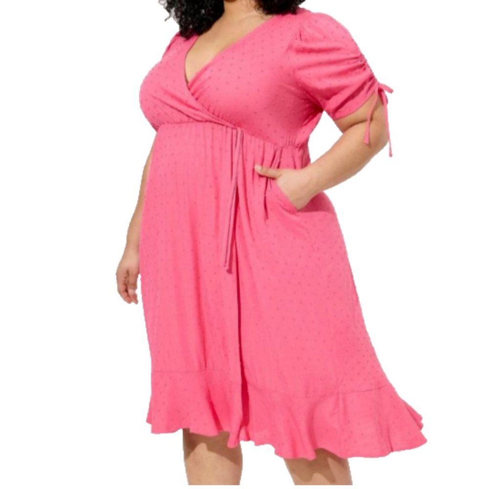 Plus Size Pink Midi Wrap Dress with Ruffle Hem